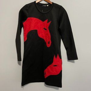 Choies M Black Red horse bodycon long sleeve dress with pockets nwt
